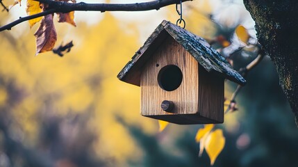 Naklejka premium A charming rustic wooden birdhouse suspended from a tree branch, beautifully nestled among golden and orange autumn leaves, creating a peaceful sanctuary in nature's serene embrace