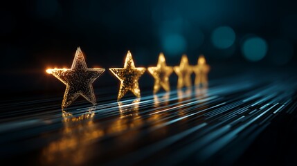 Five Golden Stars on Circuit Pattern Surface Representing Futuristic Rating Systems and Quality Assessment Concepts in Digital Product Evaluation