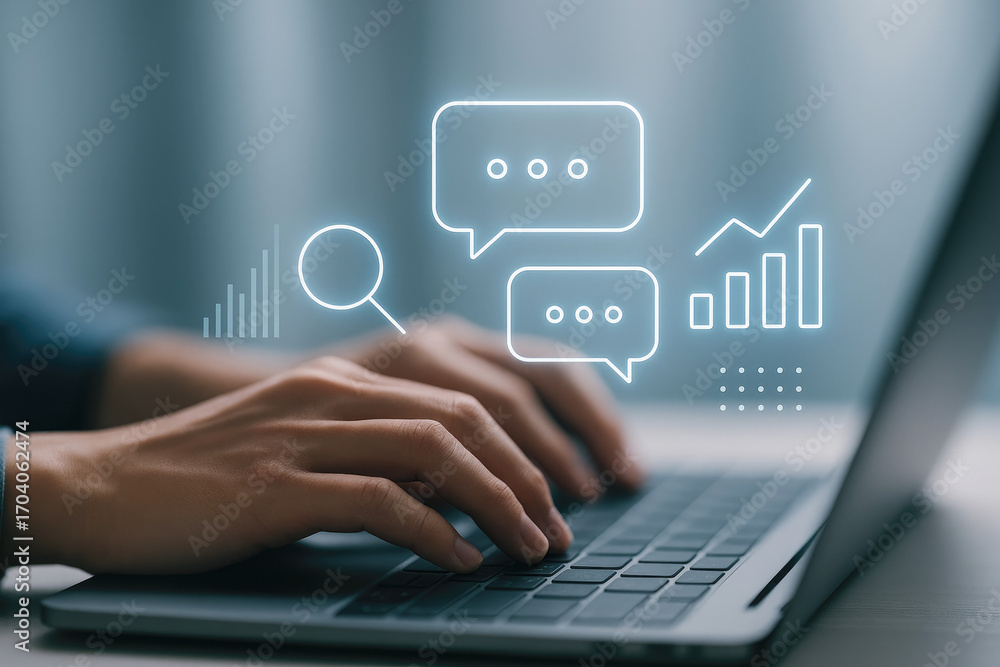 Poster person typing on laptop with digital chat and graph icons overlay hands keyboard