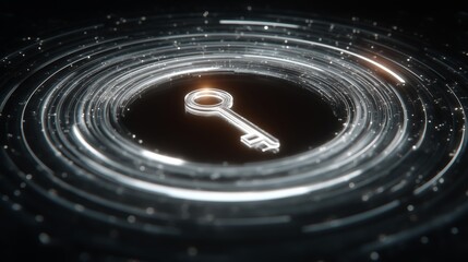Glowing White Key Symbol Surrounded by Concentric Light Circles on Dark Background for Security Access Concepts and Digital Authentication \with Radial Energy Pattern