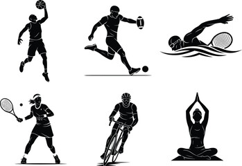 Sports and wellness icon set, basketball, football, swimming, tennis, cycling, yoga pose, vector fitness and health concept design