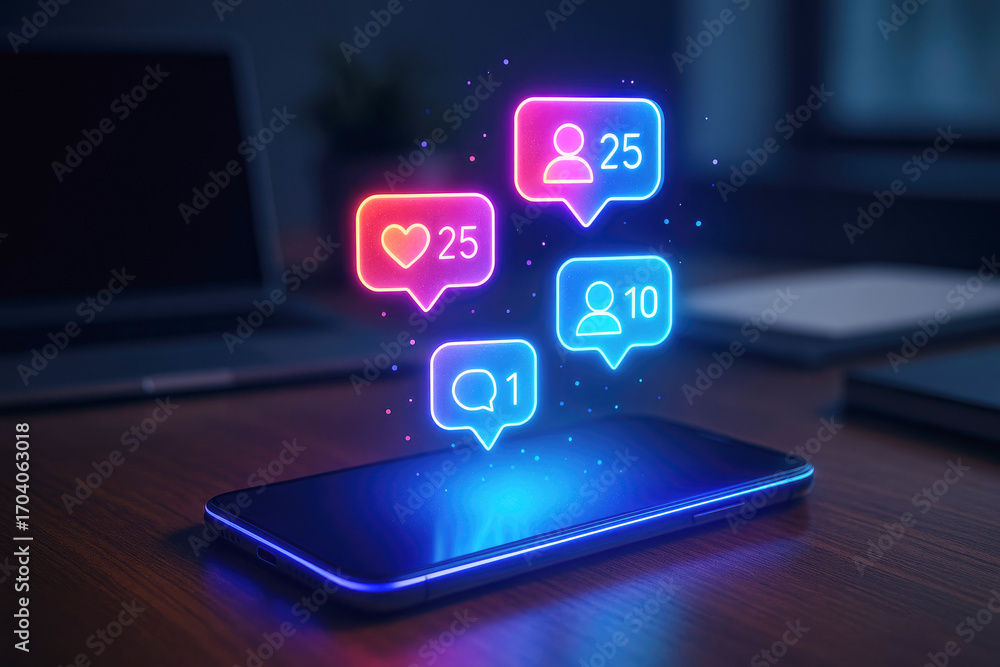 Poster smartphone displaying glowing social media notification icons for likes comments and followers with 