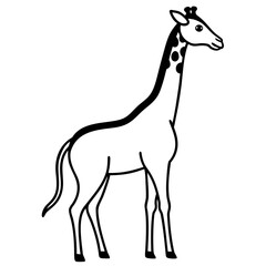 A simple black and white outline illustration of a giraffe standing tall with spots on its neck silhouette