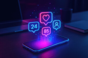 Fototapeta premium Smartphone with vibrant neon social media notifications for likes comments and followers in a dark setting