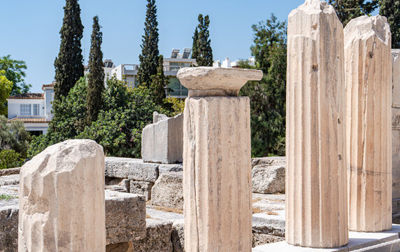 Close-up of ancient columns at the Acropolis, Athens, Attica, Greece