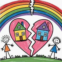A cheerful cartoon house with a colorful rainbow arching over its roof, symbolizing a warm and happy home for a family