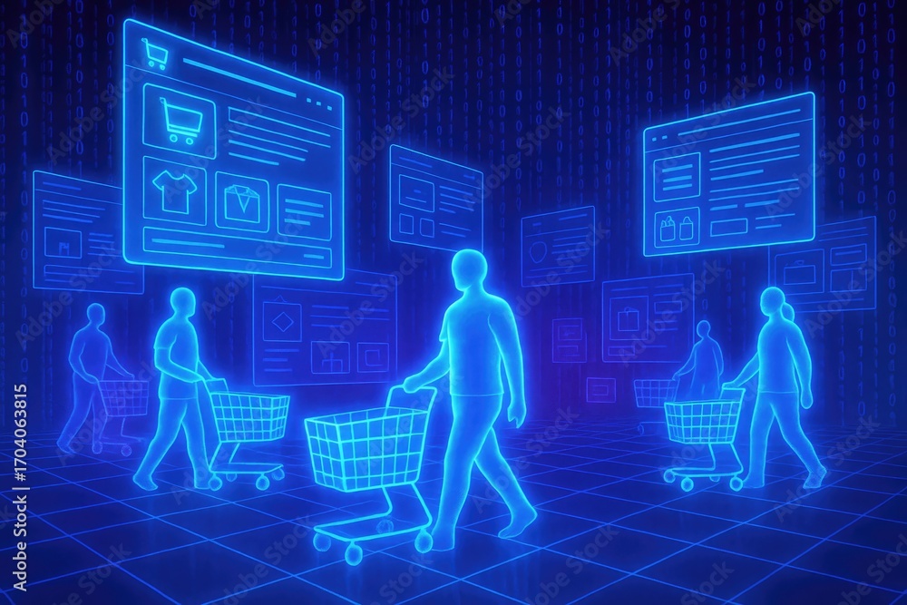 Aufkleber virtual shopping experience with people interacting with digital product displays and a binary code 