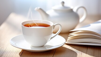 Steaming hot tea in a white cup, with a teapot and open book on a wooden table