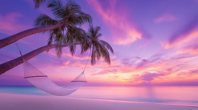 Tropical beach sunset with hammock between palm trees, vibrant purple and pink sky over calm ocean - Powered by Adobe