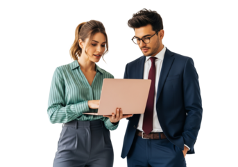 Marketing analysts discussing, considering data on laptop, the man is in a suit and wearing glasses, the woman in striped top