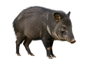 A full shot of a dark gray peccary against a black background, showcasing its detailed fur and posture.