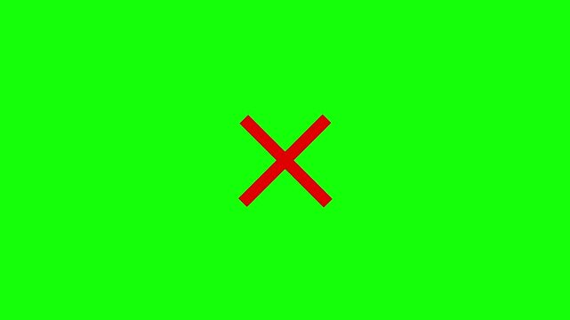 Animated red x error mark on green screen background, chroma key