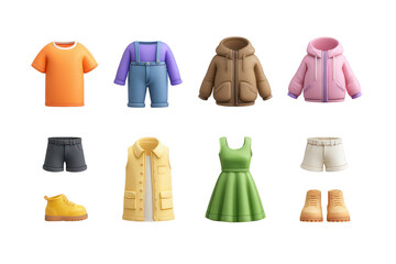 High quality photo of collection of children s clothing and footwear isolated on transparent background.