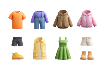 High quality photo of collection of children s clothing and footwear isolated on transparent background.