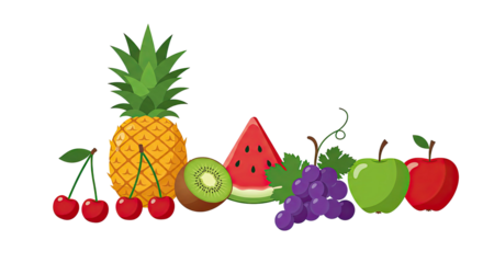 Vibrant Pixel Art Fruit Still Life with Pineapple, Watermelon, Kiwi, Grapes, Apples and Cherries on Transparent Background for Packaging Design and