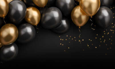 Luxury celebration scene with black and gold balloons, serpentine, and glitter – template for sales or invitations