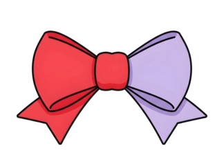 Simple hand drawn illustration of a red and purple bow tie against a black background