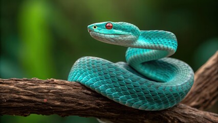 Beautiful blue viper on a branch in the jungle with green background