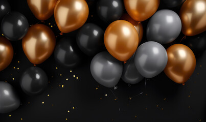 Luxury celebration scene with black and gold balloons, serpentine, and glitter – template for sales or invitations
