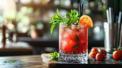 A vibrant red cocktail with ice, garnished with a slice of orange and basil leaves, served in a clear glass on a wooden tray with fresh tomatoes and a blurred background of a restaurant setting.