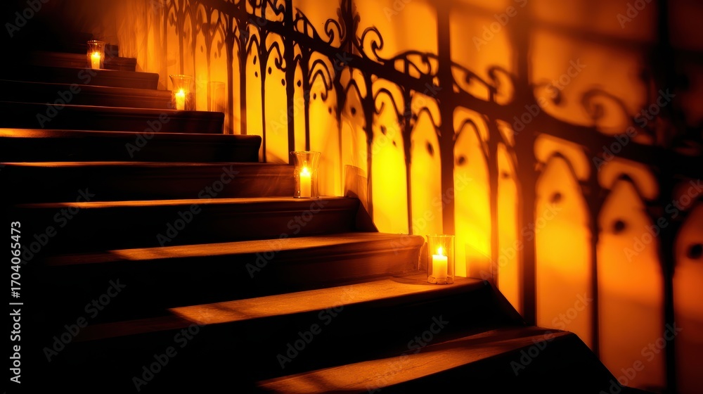 Poster Mysterious candle-lit staircase with gothic shadows, creating an eerie atmosphere in a dimly lit setting