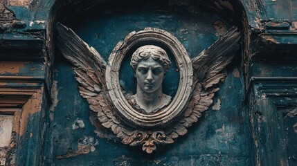 A weathered, blue-painted wall with an ornate, winged bust in the center.
