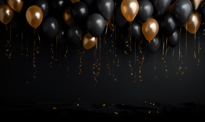 Luxury celebration scene with black and gold balloons, serpentine, and glitter – template for sales or invitations
