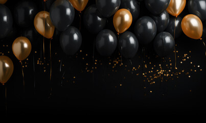 Luxury celebration scene with black and gold balloons, serpentine, and glitter – template for sales or invitations