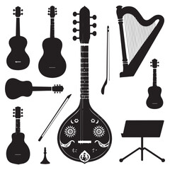 Fototapeta premium Collection of silhouetted musical instruments including guitars sitar harp and violin bow on white background