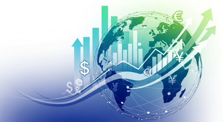 Global financial growth with currency symbols and rising graph, illustrating international market trends, economic development, and investment opportunities in business
