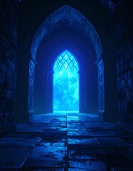 Mysterious archway bathed in blue light