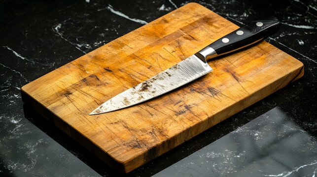 Rustic wooden cutting board and a robust chef's knife, essential tools for culinary preparation