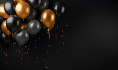 Luxury celebration scene with black and gold balloons, serpentine, and glitter – template for sales or invitations