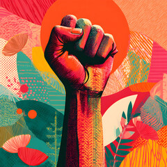 Colorful Abstract Illustration of a Raised Fist Symbolizing Solidarity and Empowerment against Vibrant Background
