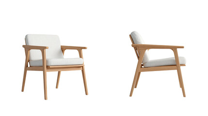 Two light beige upholstered armchairs, angled views, showcasing wooden frame