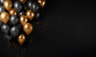 Luxury celebration scene with black and gold balloons, serpentine, and glitter – template for sales or invitations