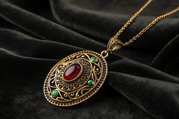 Ornate gold pendant necklace with red and green gemstones on black silk
