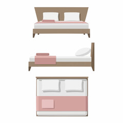 Minimalist Bedroom Furniture Set Illustration, Bed, Pillows, Pink, White, Simple Design