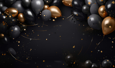 Luxury celebration scene with black and gold balloons, serpentine, and glitter – template for sales or invitations