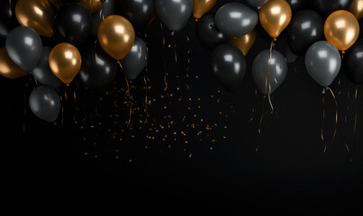 Luxury celebration scene with black and gold balloons, serpentine, and glitter – template for sales or invitations