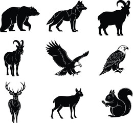 Wild animal silhouette set, bear, wolf, goat, eagle, deer, squirrel icons, vector nature wildlife identification concept