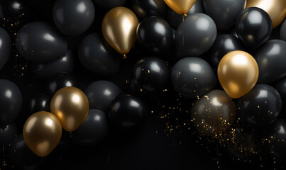 Luxury celebration scene with black and gold balloons, serpentine, and glitter – template for sales or invitations
