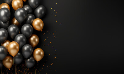 Luxury celebration scene with black and gold balloons, serpentine, and glitter – template for sales or invitations