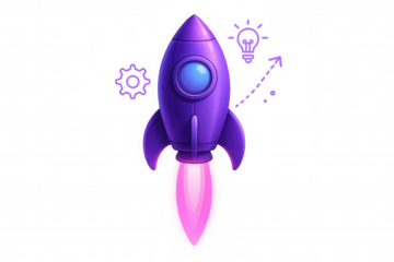 Cartoon rocket launching with bright pink flames, symbolizing innovation and startup success, on a transparent background