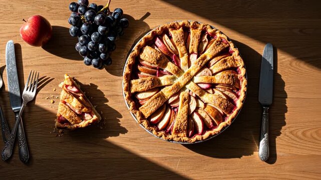 Timelapse of cherry pie serving with fresh fruit and forks on wooden table