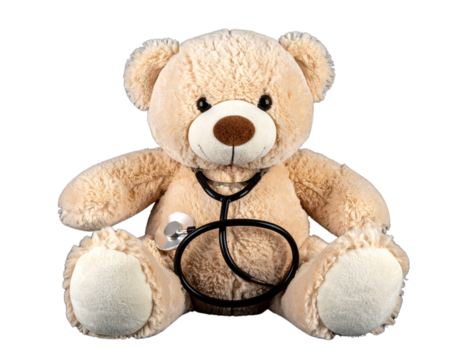 Cute Teddy Bear Wearing a Stethoscope, Sitting Front View, Studio Shot on Black Background