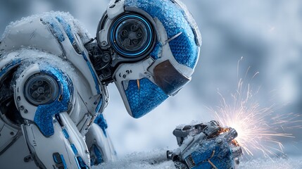 Robotic figure in snow examines sparks from a device, featuring blue and white accents