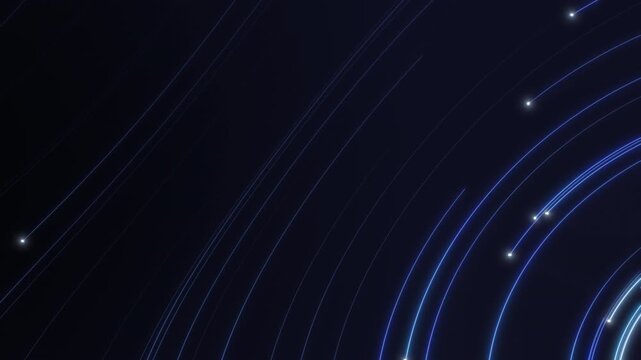 Flowing neon blue lines and glowing dots moving through deep dark space, futuristic motion background, 4K animation.