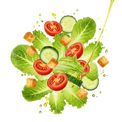 Vibrant Salad with Fresh Tomatoes, Cucumbers, and Croutons,  A Splash of Oil,  Perfect for Packaging Design, Food Photography, and Culinary Branding