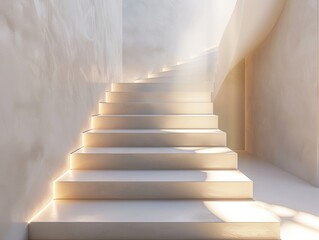Naklejka premium Minimalist white staircase with curved walls, warm integrated LED lighting, smooth treads and risers creating an elegant, airy architectural interior.